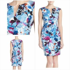 Adrianna Papell Blue Floral Sheath Dress with Pink & Black Accents